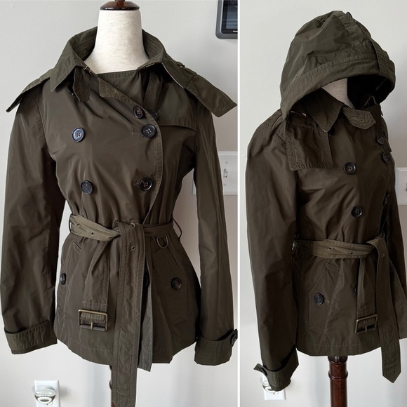 Burberry BRIT Hooded Water-Repellent Belted Short Trench Jacket - Dark Olive - Picture 1 of 16